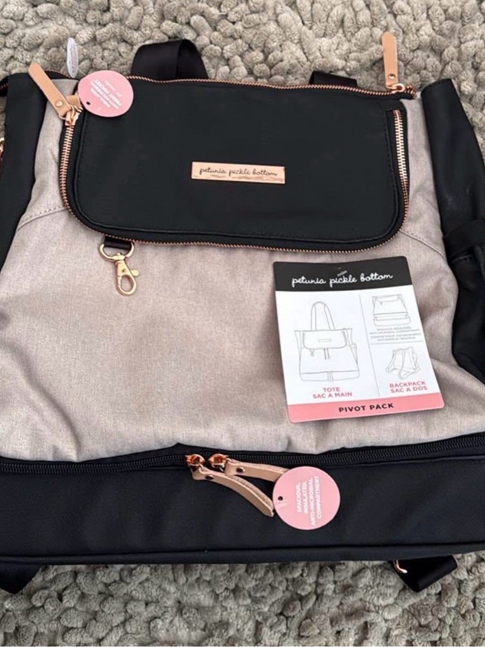 Petunia Pickle Bottom Pivot Pack Tote & Backpack in Black and Cream BRAND NEW